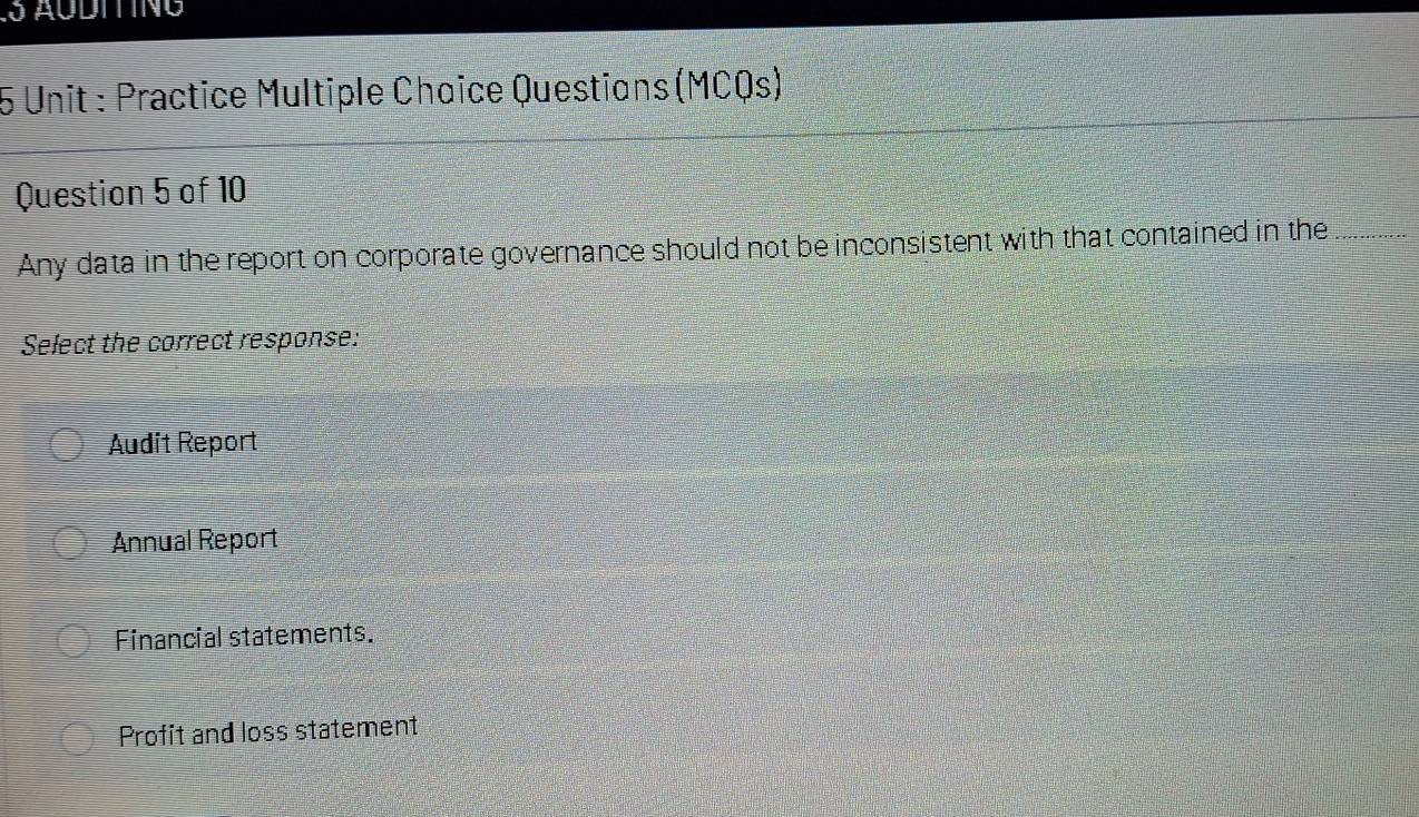 Unit : Practice Multiple Choice Questions (MCQs)
Question 5 of 10
Any data in the report on corporate governance should not be inconsistent with that contained in the_
Select the correct response:
Audit Report
Annual Report
Financial statements.
Profit and loss statement