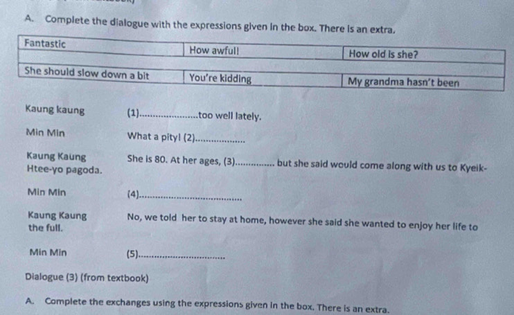 Complete the dialogue with the expressions given in the box. There is an extra. 
Kaung kaung (1)_ too well lately.
Min Min What a pity! (2)_ 
Kaung Kaung She is 80. At her ages, (3)_ but she said would come along with us to Kyeik- 
Htee-yo pagoda.
Min Min (4)._ 
Kaung Kaung No, we told her to stay at home, however she said she wanted to enjoy her life to 
the full.
Min Min (5)_ 
Dialogue (3) (from textbook) 
A. Complete the exchanges using the expressions given in the box. There is an extra.