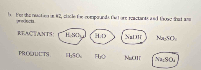 For the reaction in #2, circle the compounds that are reactants and those that are 
products. 
REACTANTS: H_2SO_4 H_2O NaOH Na_2SO_4
PRODUCTS: H_2SO_4 H_2O NaOH Na_2SO_4