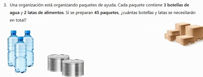 Una organización está organizando paquetes de ayuda. Cada paquete contiene 3 botellas de 
agua y 2 latas de alimentos. Si se preparan 45 paquetes, ¿cuántas botellas y latas se necesitarán 
en total?