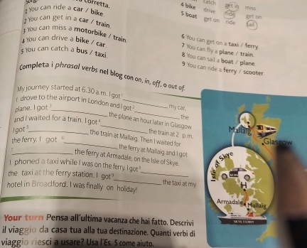 Catch 
get i miss 
4 bike drive 
You can ride a car / bike get on 
5 boat 
tide 
get an ride 
You can get in a car / train. 
sail 
6 You can get on a taxi / ferry 
You can drive a bike / car 
3 You can miss a motorbike / train 7 You can fly a plane / train. 
$ You can catch a bus / taxi 
8 You can sail a boat / plane. 
9 You can ride a ferry / scooter 
Completa i phrosol verbs nel blog con on, in, off, o out of 
My journey started at 6.30 a.m. I got 
_ 
( drove to the airport in London and I got my car. 
plane. I got_ 
and I waited for a train. I got 
the 
_the plane an hour later in Glasgow the train at 2 p.m. 
got ¹_ 
the ferry. I got _ 
the train at Mallaig. Then I waited for the ferry at Mallaig and I got 
_the ferry at Armadale, on the Isle of Skye. 
I phoned a taxi while I was on the ferry. I got 
_ 
the taxi at the ferry station. I got_ 
the taxi at my 
hotel in Broad ford, I was finally on holiday! 
Your turn Pensa all´ultima vacanza che hai fatto. Descrivi 
il viaggio da casa tua alla tua destinazione. Quanti verbi di 
viaggio riesci a usare? Usa l'Es. 5 come aiuto.