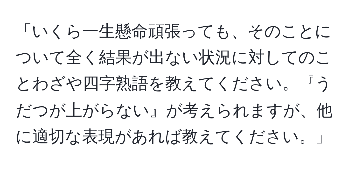 「いくら一生懸命頑張っても、そのことについて全く結果が出ない状況に対してのことわざや四字熟語を教えてください。『うだつが上がらない』が考えられますが、他に適切な表現があれば教えてください。」