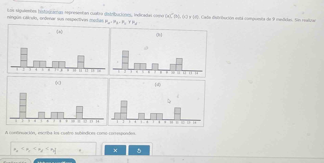 Los siguientes histogramas representan cuatro distribuciones, indicadas como (a),(b),(c) y(d). Cada distribución está compuesta de 9 medidas. Sin realizar
ningún cálculo, ordenar sus respectivas medias mu _a,mu _b,mu _cYmu _d.
A continuación, escriba los cuatro subíndices como corresponden.
mu _a
× 5