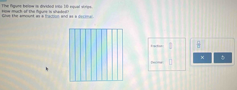 The figure below is divided into 10 equal strips. 
How much of the figure is shaded? 
Give the amount as a fraction and as a decimal. 
Fraction:
 □ /□  
× 
Decimal: