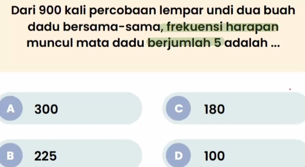 Dari 900 kali percobaan lempar undi dua buah
dadu bersama-sama, frekuensi harapan
muncul mata dadu berjumlah 5 adalah ...
A 300 180
B) 225 D 100