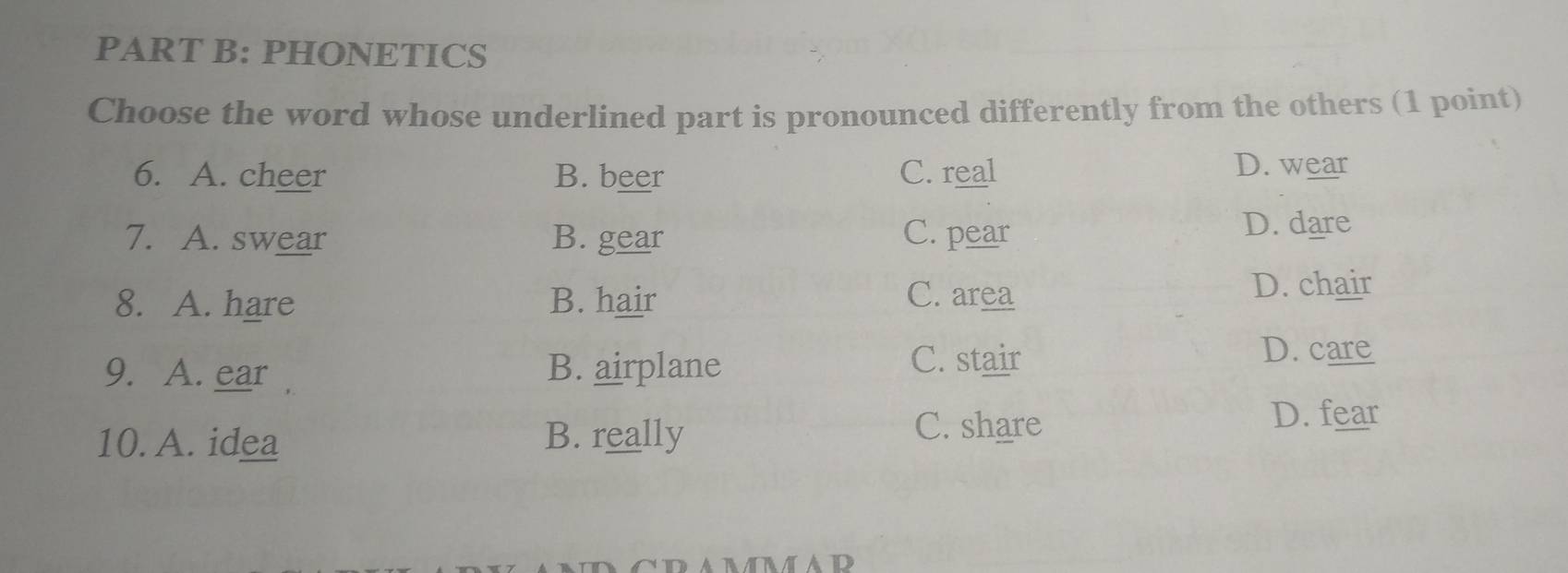 PHONETICS
Choose the word whose underlined part is pronounced differently from the others (1 point)
6. A. cheer B. beer C. real
D. wear
7. A. swear B. gear C. pear
D. dare
8. A. hare B. hair C. area D. chair
9. A. ear B. airplane
C. stair D. care
10. A. idea B. really
C. share
D. fear