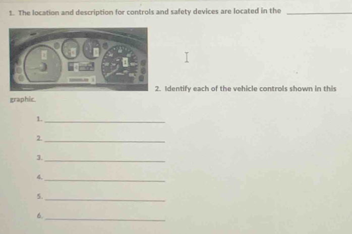 The location and description for controls and safety devices are located in the_ 
dentify each of the vehicle controls shown in this 
graphic. 
1._ 
2._ 
3._ 
4. 
_ 
5._ 
6. 
_