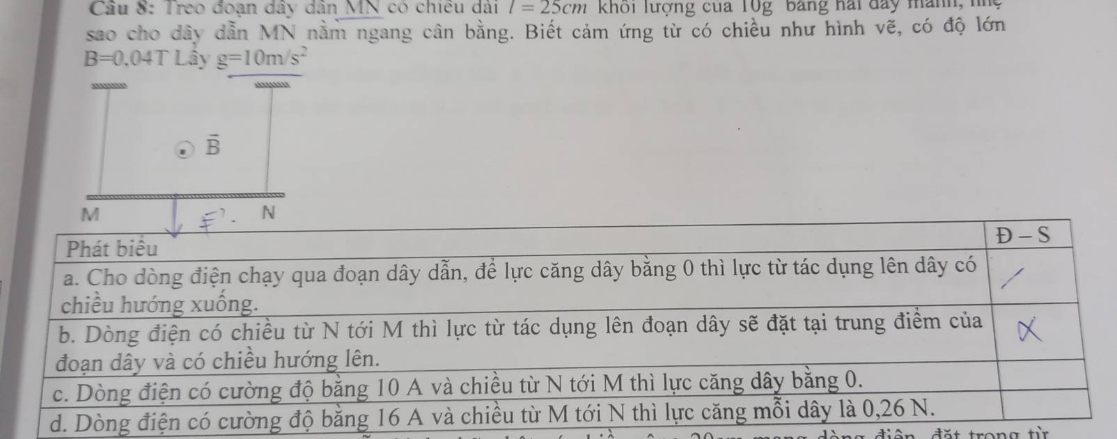 Treo đoạn dây dân MN có chiều dài l=25cm Khoi lượng cua T0g bang nai đay mành, nng
sao cho dây dẫn MN nằm ngang cân bằng. Biết cảm ứng từ có chiều như hình vẽ, có độ lớn
B=0.04TL ây g=10m/s^2
tặt trong từ