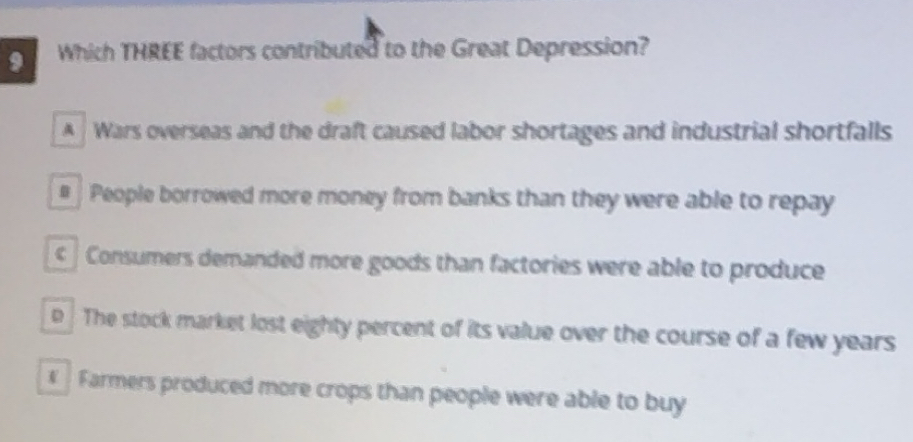 Gelöst:Which THREE factors contributed to the Great Depression? A Wars ...