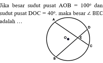 Jika besar sudut pusat AOB=100° dan 
sudut pusat DOC=40°. maka besar ∠ BEC
adalah …