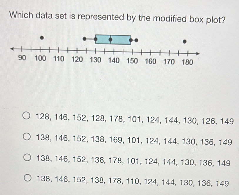 Which data set is represented by the modified box plot?
128, 146 , 152, 128, 178, 101, 124, 144, 130, 126, 149
138, 146, 152, 1 38, 169, 101, 124, 144, 130, 136, 149
138, 146, 152, 138, 1 178, 101, 124, 144, 130, 13 36, 1 ∠ 49
138, 146, 152, 138, 178, 110, 124, 144, 30 , 136, 149