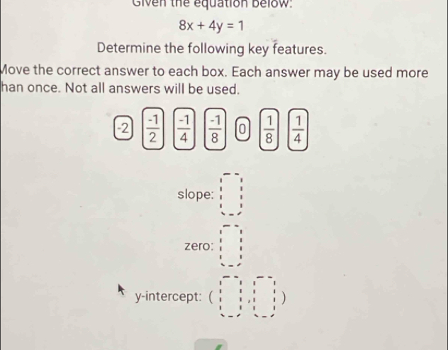 Given the equation below:
8x+4y=1
Determine the following key features.
Move the correct answer to each box. Each answer may be used more
han once. Not all answers will be used.
-2  (-1)/2   (-1)/4   (-1)/8  0  1/8   1/4 
slope: beginvmatrix -2 1&1&1 1&1 1&2&-&1endvmatrix
zero: beginvmatrix x- 1&1&1 1&1 1&1 1&-1endvmatrix
y-intercept: beginpmatrix 1&-1&1&-1 1&1&1&1 1&1&1&1 1&-1&1&1 -1endbmatrix