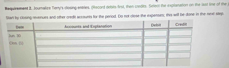 Requirement 2. Journalize Terry's closing entries. (Record debits first, then credits. Select the explanation on the last line of the j 
Start by closing revenues and other credit accounts for the period. Do not close the expenses; this will be done in the next step.