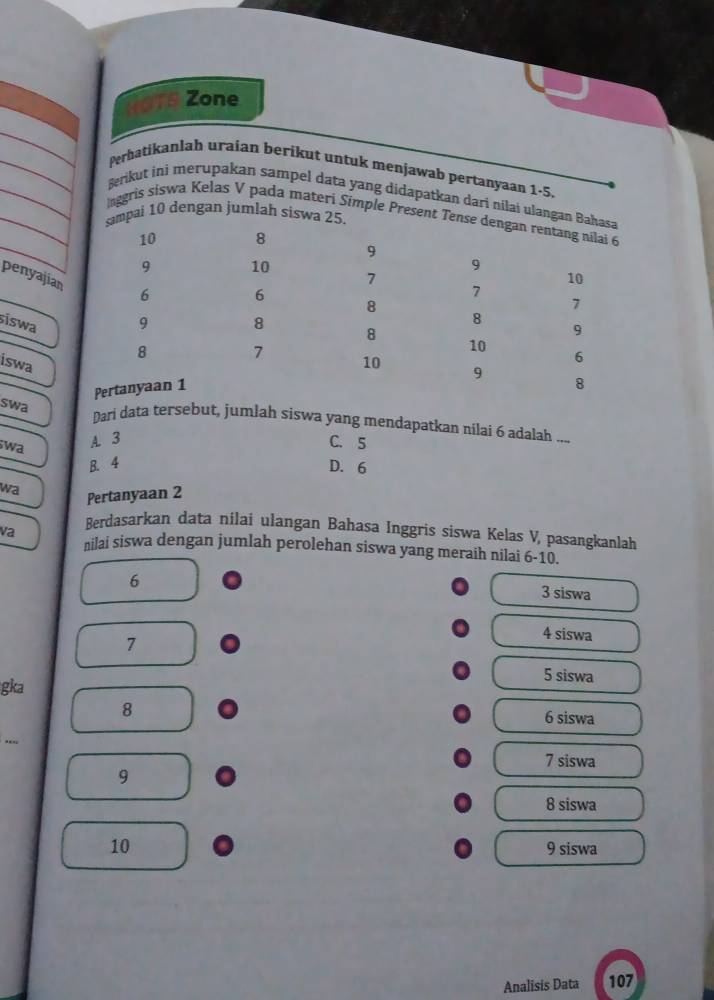 lOTs Zone
Perhatikanlah uraian berikut untuk menjawab pertanyaan 1-5.
Berikut ini merupakan sampel data yang didapatkan dari nílai ulan
nggris siswa Kelas V pada materi Simple Presen
ai 10 dengan jumlah sisw
penyajian
siswa
iswa
swa
Dari data tersebut, jumlah siswa yang mendapatkan nilai 6 adalah ....
wa A. 3 C. 5
B. 4 D. 6
wa Pertanyaan 2
va
Berdasarkan data nilai ulangan Bahasa Inggris siswa Kelas V, pasangkanlah
nilai siswa dengan jumlah perolehan siswa yang meraih nilai 6 - 10.
6 3 siswa
7
4 siswa
5 siswa
gka
8 6 siswa
.
7 siswa
9
8 siswa
10 9 siswa
Analisis Data 107