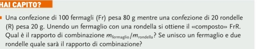 HAI CAPITO? 
Una confezione di 100 fermagli (Fr) pesa 80 g mentre una confezione di 20 rondelle 
(R) pesa 20 g. Unendo un fermaglio con una rondella si ottiene il «composto» FrR. 
Qual è il rapporto di combinazione Mfermaglio /m_rondella ? Se unisco un fermaglio e due 
rondelle quale sarà il rapporto di combinazione?