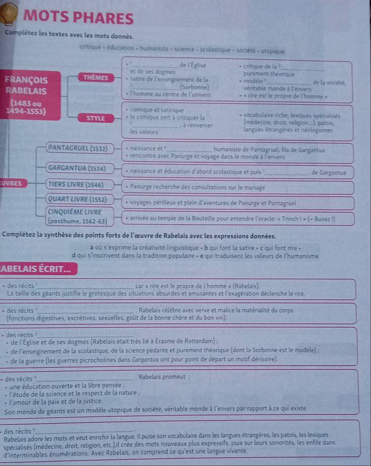 MOTS PHARES
Complétez les textes avec les mots donnés.
critique « éducation - humaniste » science - scolastique « société « utopique
de l'Église
et de ses dogmes critique de la !_
purement théorique
FRANÇOIS thèmes . satire de l'enseignement de la * modèle  _de la société,
(Sorbonne) véritable monde à l'envers
RABELAIS l'homme au centre de l'univers • « rire est le propre de l'homme »
(1483 ou * comique et satirique
1494-1553) * le comique sert à critiquer la * vocabulaire riche: lexiques spécialisés
STYLE (médecine, droit, religion...), patois,
_, a renverser
les valeurs langues étrangères et néologismes
PANTAGRUEL (1532) * naissance et _humaniste de Pantagruel, fils de Gargantua
* rencontre avec Panurge et voyage dans le monde à l'envers
GARGANTUA (1534) * naissance et éducation d'abord scolastique et puis _de Gargantua
UVRES TIERS LIVRE (1546) * Panurge recherche des consultations sur le mariage
QUART LIVRE (1552) * voyages périlleux et plein d'aventures de Panurge et Pantagruel
cinquième livrE
(posthume, 1562-63) * arrivée au temple de la Bouteille pour entendre l'oracle: « Trinch ! » (= Buvez !)
Complétez la synthèse des points forts de l'œuvre de Rabelais avec les expressions données.
a où s'exprime la créativité linguistique + b qui font la satire + c qui font rire »+
d qui s'inscrivent dans la tradition populaire - e qui traduisent les valeurs de l'humanisme
ABELAIS ÉCRIT...
* des récits_ _car « rire est le propre de l'homme » (Rabelais).
La taille des géants justifie le grotesque des situations absurdes et amusantes et l'exagération déclenche le rire.
* des récits _. Rabelais célèbre avec verve et malice la matérialité du corps
(fonctions digestives, excrétives, sexuelles, goût de la bonne chère et du bon vin).
* des récits _
de l'Église et de ses dogmes (Rabelais était très lié à Érasme de Rotterdam) ;
* de l'enseignement de la scolastique, de la science pédante et purement théorique (dont la Sorbonne est le modèle) ;
* de la guerre (les guerres picrocholines dans Gargantua ont pour point de départ un motif dérisoire).
* des récits _, Rabelais promeut:
* une éducation ouverte et la libre pensée ;
* l'étude de la science et le respect de la nature ;
• l'amour de la paix et de la justice.
Son monde de géants est un modèle utopique de société, véritable monde à l'envers par rapport à ce qui existe.
des récits _
Rabelais adore les mots et veut enrichir la langue. Il puise son vocabulaire dans les langues étrangères, les patois, les lexiques
(pécialisés (médecine, droit, religion, etc.) il crée des mots nouveaux plus expressifs, joue sur leurs sonorités, les enfile dans
d'interminables énumérations. Avec Rabelaïs, on comprend ce qu'est une langue vivante.