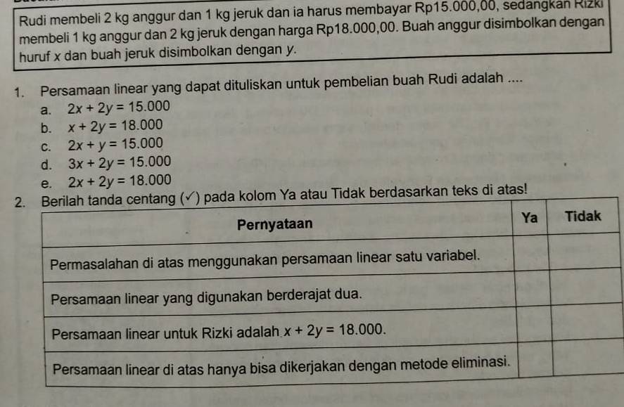 Rudi membeli 2 kg anggur dan 1 kg jeruk dan ia harus membayar Rp15.000,00, sedangkan Rizki
membeli 1 kg anggur dan 2 kg jeruk dengan harga Rp18.000,00. Buah anggur disimbolkan dengan
huruf x dan buah jeruk disimbolkan dengan y.
1. Persamaan linear yang dapat dituliskan untuk pembelian buah Rudi adalah ....
a. 2x+2y=15.000
b. x+2y=18.000
C. 2x+y=15.000
d. 3x+2y=15.000
e. 2x+2y=18.000
rdasarkan teks di atas!