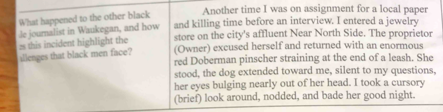 What happened to the other black 
Another time I was on assignment for a local paper 
de journalist in Waukegan, and how and killing time before an interview. I entered a jewelry 
2s this incident highlight the store on the city's affluent Near North Side. The proprietor 
allenges that black men face? (Owner) excused herself and returned with an enormous 
red Doberman pinscher straining at the end of a leash. She 
stood, the dog extended toward me, silent to my questions, 
her eyes bulging nearly out of her head. I took a cursory 
(brief) look around, nodded, and bade her good night.