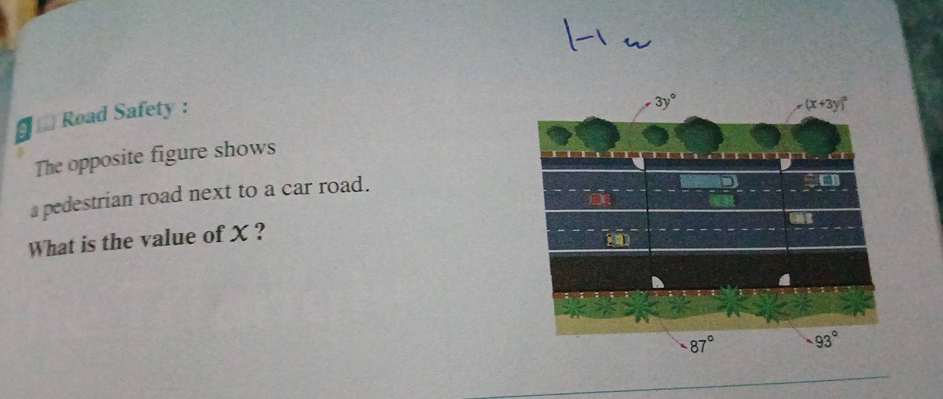 Road Safety :
The opposite figure shows
pedestrian road next to a car road.
What is the value of X ?