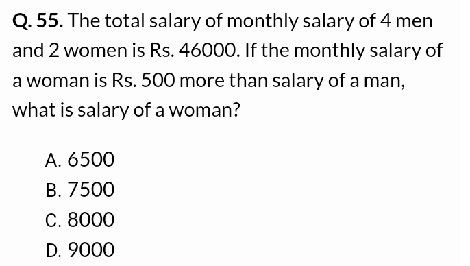 Solved: The total salary of monthly salary of 4 men and 2 women is Rs ...