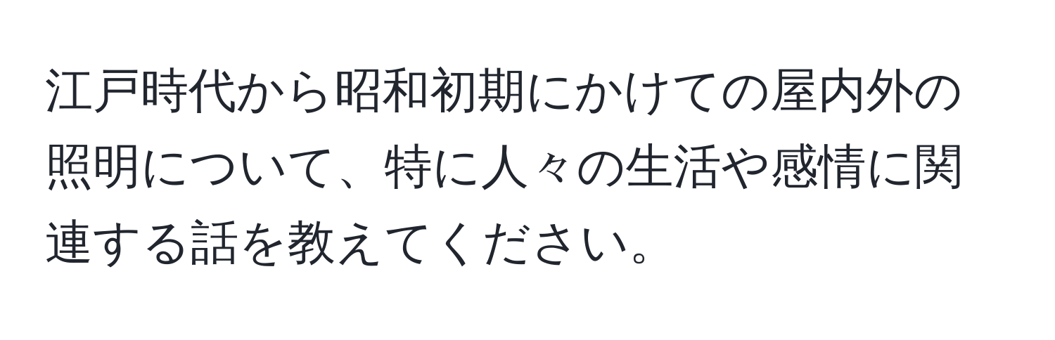 江戸時代から昭和初期にかけての屋内外の照明について、特に人々の生活や感情に関連する話を教えてください。