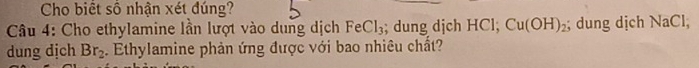 Cho biết số nhận xét đúng? 
Câu 4: Cho ethylamine lần lượt vào dung dịch FeCl_3; dung dịch HCl; Cu(OH)_2;; dung dịch NaCl, 
dung dịch Br_2. Ethylamine phản ứng được với bao nhiêu chất?