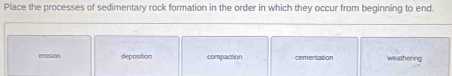 Place the processes of sedimentary rock formation in the order in which they occur from beginning to end.
erosion deposition compaction cementation weathering