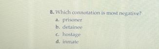 Which connotation is most negative?
a. prisoner
b. detainee
c. hostage
d. inmate