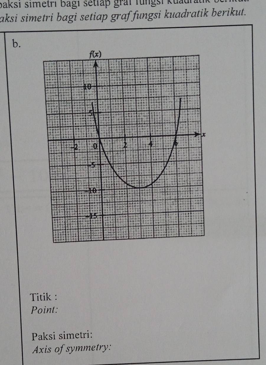 baksı simetri bagı setiäp graf fungsi kuadrath
aksi simetri bagi setiap graf fungsi kuadratik berikut.
b.
Titik :
Point:
Paksi simetri:
Axis of symmetry: