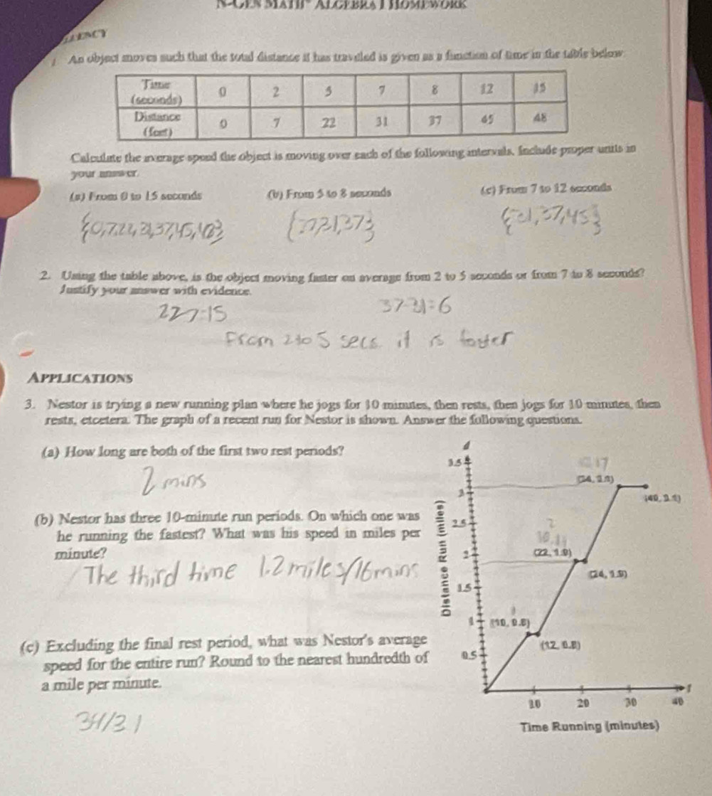 NAæn Mat' Algebra L Homewors
CUENCY
! An object snoves such that the total distance it has traveled is given as a function of time in the table below
Calculate the average speed the object is moving over each of the following intervals, Include proper units in
your answ er.
(s) From 0 to L5 seconds (b) From 5 to 8 seconds (c) From 7 to 12 ecconds
2. Using the table above, is the object moving faster on average from 2 to 5 seconds or from 7 to 8 seconds?
Justify your answer with evidence.
Applications
3. Nestor is trying a new running plan where he jogs for 10 minutes, then rests, then jogs for 10 minutes, then
rests, etcetera. The graph of a recent run for Nestor is shown. Answer the following questions.
(a) How long are both of the first two rest periods?
(b) Nestor has three 10-minute run periods. On which one was 
he running the fastest? What was his speed in miles per
minute? 
(c) Excluding the final rest period, what was Nestor's average
speed for the entire run? Round to the nearest hundredth of
a mile per minute.
Time Running (minutes)