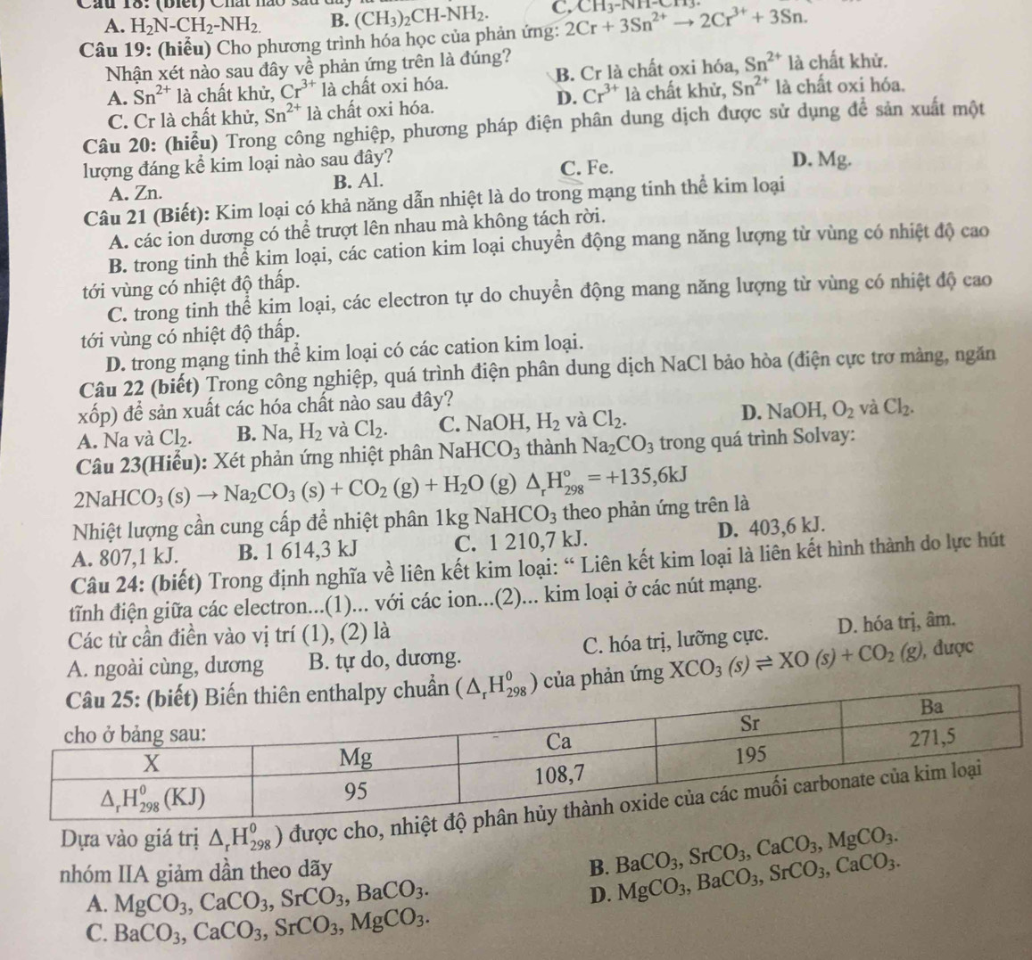 Cầu 18: (biết) Chất nào sắ (CH_3)_2CH-NH_2. C. 2Cr+3Sn^(2+)to 2Cr^(3+)+3Sn. CH_3-1
A. H_2N-CH_2-NH_2. B.
Câu 19: (hiểu) Cho phương trình hóa học của phản ứng:
Nhận xét nào sau đây về phản ứng trên là đúng? Sn^(2+) là chất khử.
A. Sn^(2+) là chất khử, Cr^(3+) là chất oxi hóa. B. Cr là chất oxi hóa,
D. Cr^(3+) là chất khử, Sn^(2+) là chất oxi hóa.
C. Cr là chất khử, Sn^(2+) là chất oxi hóa.
Câu 20: (hiểu) Trong công nghiệp, phương pháp điện phân dung dịch được sử dụng để sản xuất một
lượng đáng kể kim loại nào sau đây? D. Mg.
A. Zn. B. Al. C. Fe.
Câu 21 (Biết): Kim loại có khả năng dẫn nhiệt là do trong mạng tinh thể kim loại
A. các ion dương có thể trượt lên nhau mà không tách rời.
B. trong tinh thể kim loại, các cation kim loại chuyển động mang năng lượng từ vùng có nhiệt độ cao
tới vùng có nhiệt độ thấp.
C. trong tinh thể kim loại, các electron tự do chuyển động mang năng lượng từ vùng có nhiệt độ cao
tới vùng có nhiệt độ thấp.
D. trong mạng tinh thể kim loại có các cation kim loại.
Câu 22 (biết) Trong công nghiệp, quá trình điện phân dung dịch NaCl bảo hòa (điện cực trơ màng, ngăn
xốp) để sản xuất các hóa chất nào sau đây?
A. Na và Cl_2. B. Na,H_2 và Cl_2. C. NaOH,H_2 và Cl_2. D. NaOH, O_2 và Cl_2.
Câu 23(Hiểu): Xét phản ứng nhiệt phân NaHCO_3 thành Na_2CO_3 trong quá trình Solvay:
2NaHCO_3(s)to Na_2CO_3(s)+CO_2(g)+H_2O 1 g) △ _rH_(298)°=+135,6kJ
Nhiệt lượng cần cung cấp để nhiệt phân 1kgNaHCO_3 theo phản ứng trên là
A. 807,1 kJ. B. 1 614,3 kJ C. 1 210,7 kJ. D. 403,6 kJ.
Câu 24: (biết) Trong định nghĩa về liên kết kim loại: “ Liên kết kim loại là liên kết hình thành do lực hút
tĩnh điện giữa các electron...(1)... với các ion...(2)... kim loại ở các nút mạng.
Các từ cần điền vào vị trí (1), (2) là
A. ngoài cùng, dương B. tự do, dương. C. hóa trị, lưỡng cực. D. hóa trị, âm.
a phản ứng XCO_3(s)leftharpoons XO(s)+CO_2(g) , được
Dựa vào giá trị △ _rH_(298)^0) được cho,
nhóm IIA giảm dần theo dãy B. BaCO_3,SrCO_3,CaCO_3,MgCO_3. MgCO_3,BaCO_3,SrCO_3,CaCO_3.
A. MgCO_3,CaCO_3,SrCO_3,BaCO_3.
D.
C. BaCO_3,CaCO_3,SrCO_3,MgCO_3.