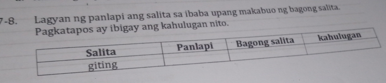 7-8. Lagyan ng panlapi ang salita sa ibaba upang makabuo ng bagong salita. 
ang kahulugan nito.