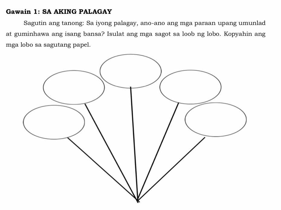 Gawain 1: SA AKING PALAGAY 
Sagutin ang tanong: Sa iyong palagay, ano-ano ang mga paraan upang umunlad 
at guminhawa ang isang bansa? Isulat ang mga sagot sa loob ng lobo. Kopyahin ang 
mga lobo sa sagutang papel.