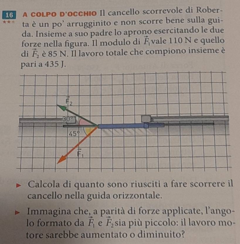 A cOLPO d'Occhio Il cancello scorrevole di Rober-
ta è un po’ arrugginito e non scorre bene sulla gui-
da. Insieme a suo padre lo aprono esercitando le due
forze nella figura. Il modulo di vector F_1 vale 110 N e quello
di vector F_2 è 85 N. Il lavoro totale che compiono insieme è
pari a 435 J.
vector F_2
30°
45°
F_1
Calcola di quanto sono riusciti a fare scorrere il
cancello nella guida orizzontale.
Immagina che, a parità di forze applicate, l’ango-
lo formato da vector F_1 e vector F_2 sia più piccolo: il lavoro mo-
tore sarebbe aumentato o diminuito?