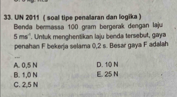 UN 2011 ( soal tipe penalaran dan logika )
Benda bermassa 100 gram bergerak dengan laju
5ms^(-1). Untuk menghentikan laju benda tersebut, gaya
penahan F bekerja selama 0,2 s. Besar gaya F adalah
.
A. 0,5 N D. 10 N
B. 1,0 N E. 25 N
C. 2,5 N