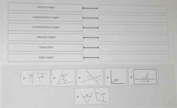 Vertical Angles
Supplementary Angles
Complementary Angles
Adjacent Angles
Linear Pairs
Right Angles
17°
= 60° =
60°
120°
=