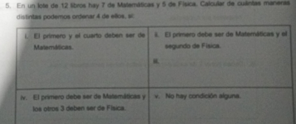 En un lote de 12 libros hay 7 de Matemáticas y 5 de Física. Calcular de cuántas maneras 
distintas podemos ordenar 4 de ellos, sí: