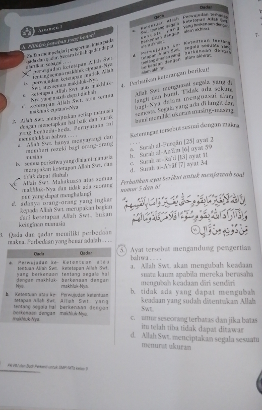 Qadar
Gada
Switemang segala ketetapan Aflah Swi
Asesmen 1
A. Pilihiah jawaban yang benar er   Ketentuan Allah  Perwujudan terhada
7.
Zulfan mempelajari pengertian iman pada s è s u a t u    y a h g  yang berkenaan dengar
alam akhirat.
diartikan sebagai . . . . qada đan qadar. Seçara istilah qadar dapat berkenaan dengan  alam akhira
Tetapan Allah SwL. segala sesuatu yan
perwujudan ketetapan Allah Swt. d. Perwujudan ke- Ketentuan tentan
tentang semua makhluk ciptaan-Nya  enang amalan yang b erk e n a  an de ng
b. perwujudan ketetapan mutlak Allah berkenaan dengan  alam akhirat.
alam akhurat
c. ketetapan Allah Swt. atas makhluk 4. Perhatikan keterangan berikut!
Swt. atas semua makhluk-Nya
d. ketetapan Allah Swt. atas semua Allah Swt. menguasai segala yang di
langit dan bumí. Tidak ada sekutu
Nya yang masih dapat diubah
makhluk ciptaan-Nya
bagi-Nya dalam menguasai alam
2. Allah Swt. menciptakan setiap manusia semesta. Segala yang ada di langit dan
yang berbeda-beda. Pernyataan ini bumi memiliki ukuran masing-masing.
dengan menetapkan haï baïk dan buruk
a. Allah Swt. hanya menyayangi dan Keterangan tersebut sesuai dengan makna
menunjukkan bahwa . . . .
a. Surah al-Furqān [25] ayat 2
memberi rezeki bagi orang-orang
b. semua peristiwa yang dialami manusia b. Surah al-An'ām [6] ayat 59
muslim
merupakan ketetapan Allah Swt. dan c. Surah ar-Ra'd [13] ayat 11
tidak dapat diubah d. Surah al-A'rāf [7] ayat 34
. Allah Swt. Mahakuasa atas semua Perhatikan ayat berikut untuk menjawab soal
makhluk-Nya dan tidak ada seorang
pun yang dapat menghalangi nomor 5 dan 6!
d. adanya orang-orang yang ingkar
kepada Allah Swt. merupakan bagian
dari ketetapan Allah Swt., bukan
keinginan manusia
3. Qada dan qadar memiliki perbedaan
makna. Perbedaan yang benar adalah . . . .
.) Ayat tersebut mengandung pengertian
bahwa . . . .
a. Allah Swt. akan mengubah keadaan
suatu kaum apabila mereka berusaha
mengubah keadaan diri sendiri
b. tidak ada yang dapat mengubah
keadaan yang sudah ditentukan Allah
Swt.
c. umur seseorang terbatas dan jika batas
itu telah tiba tidak dapat ditawar
d. Allah Swt. menciptakan segala sesuatu
menurut ukuran
PR PMI dan Budi Perkerti untuk SMP/MTs kelas 9