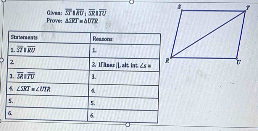 Given: overline STparallel overline RU;overline SRparallel overline TU
Prove: △ SRT≌ △ UTR