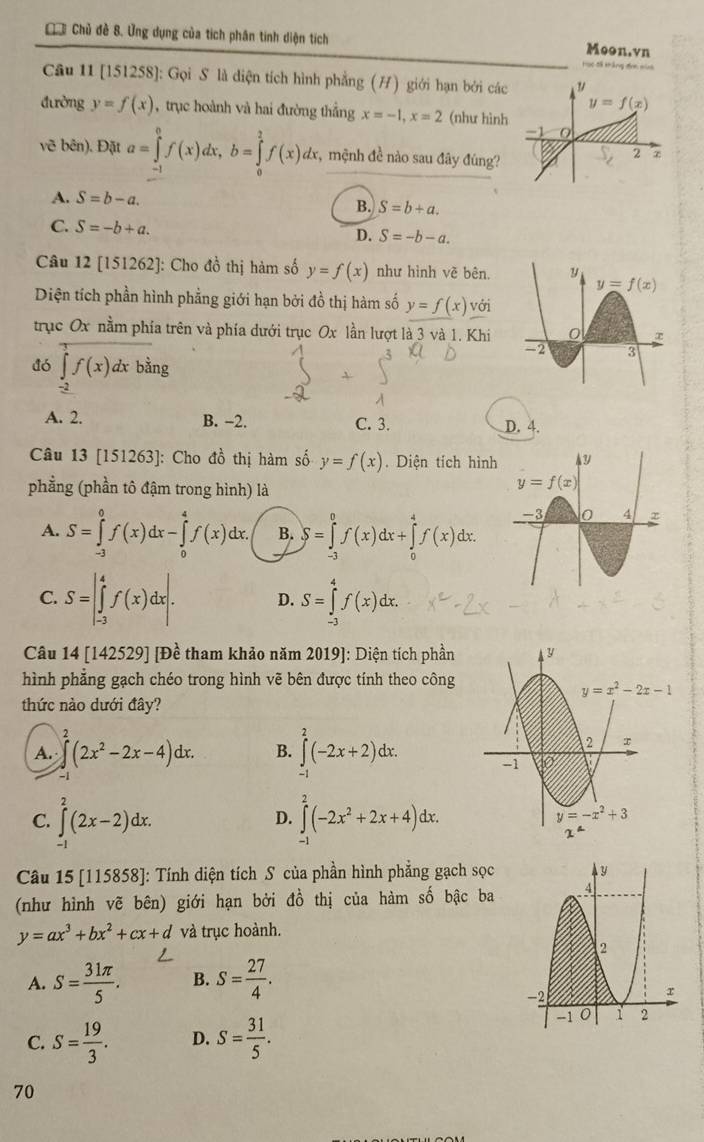 Chú Chủ đề 8. Ủng dụng của tích phân tinh diện tích Moon.vn
Câu 11 [151258]: Gọi S là diện tích hình phẳng (H) giới hạn bởi các
đường y=f(x) ,trục hoành và hai đường thắng x=-1,x=2 (như hình
vẽ bên). Đặt a=∈tlimits _(-1)^0f(x)dx,b=∈tlimits _0^(2f(x)dx , mệnh đề nào sau đây đúng?
A. S=b-a.
B. S=b+a.
C. S=-b+a.
D. S=-b-a.
Câu 12 [151262]: Cho đồ thị hàm số y=f(x) như hình vẽ bên
Diện tích phần hình phẳng giới hạn bởi đồ thị hàm số y=f(x) với
trục Ox nằm phía trên và phía dưới trục Ox lần lượt là 3 và 1. Khi
4ó overline (∈tlimits _-2)^1f(x)dxbing)
A. 2. B. −2. C. 3. D. 4.
Câu 13 [151263]: Cho đồ thị hàm số y=f(x). Diện tích hì
phẳng (phần tô đậm trong hình) là
A. S=∈tlimits _(-3)^0f(x)dx-∈tlimits _0^(4f(x)dx. B. S=∈tlimits _(-3)^0f(x)dx+∈tlimits _0^4f(x)dx.
C. S=|∈tlimits _(-3)^4f(x)dx|. D. S=∈tlimits _(-3)^4f(x)dx.
Câu 14[142529] [Đề tham khảo năm 2019]: Diện tích phần 
hình phẳng gạch chéo trong hình vẽ bên được tính theo công
thức nào dưới đây?
2
A. ∈t (2x^2)-2x-4)dx. B. ∈tlimits^(2^2(-2x+2)dx.
C. ∈tlimits _(-1)^2(2x-2)dx. D. ∈tlimits (-2x^2)+2x+4)dx.
Câu 15 [115858]: Tính diện tích S của phần hình phẳng gạch sọc
(như hình vẽ bên) giới hạn bởi đồ thị của hàm số bậc ba
y=ax^3+bx^2+cx+d và trục hoành.
A. S= 31π /5 . B. S= 27/4 .
C. S= 19/3 . D. S= 31/5 .
70