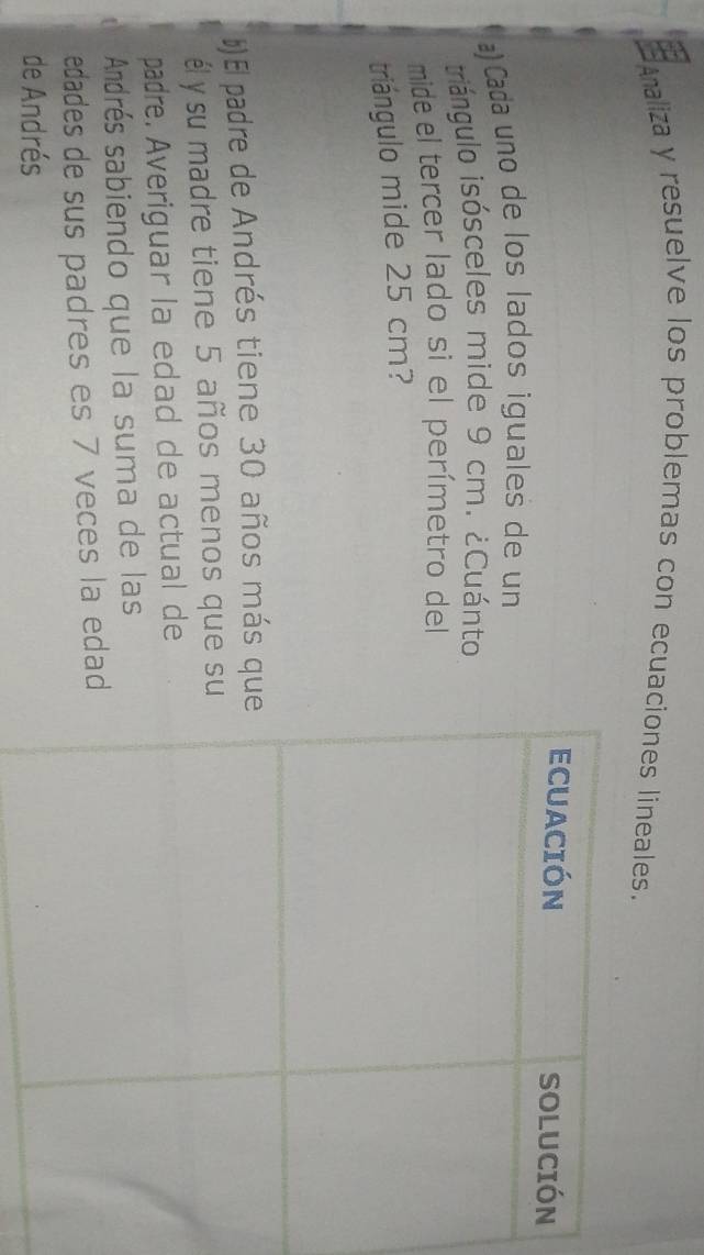 Amaliza y resuelve los problemas con ecuaciones lineales. 
a) Cada uno de los lados iguales de un 
itriángulo isósceles mide 9 cm. ¿Cuánto 
mide el tercer lado si el perímetro del 
triángulo mide 25 cm? 
#)El padre de Andrés tiene 30 años más que 
él y su madre tiene 5 años menos que su 
padre. Averiguar la edad de actual de 
Andrés sabiendo que la suma de las 
edades de sus padres es 7 veces la edad 
de Andrés