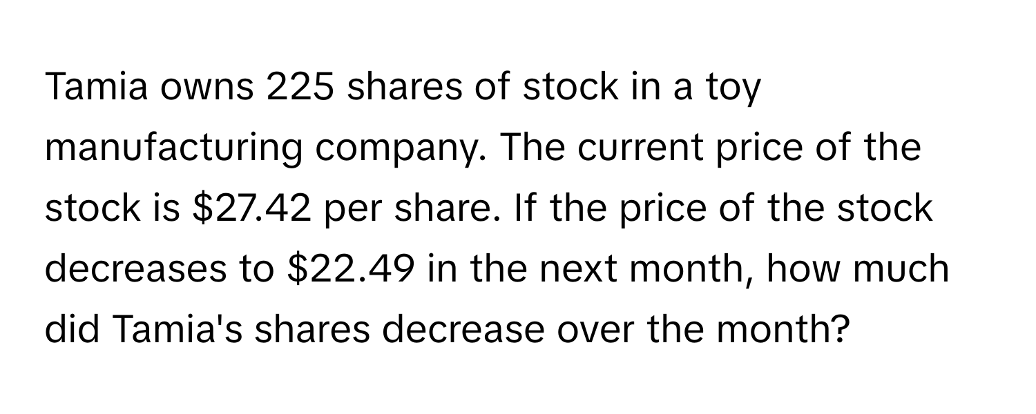 Tamia owns 225 shares of stock in a toy manufacturing company. The current price of the stock is $27.42 per share. If the price of the stock decreases to $22.49 in the next month, how much did Tamia's shares decrease over the month?