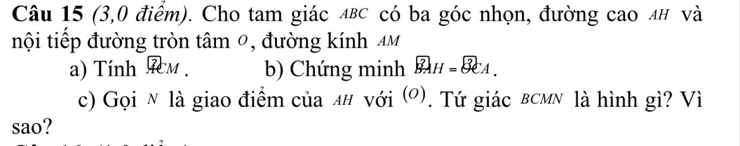 (3,0 điểm). Cho tam giác αвс có ba góc nhọn, đường cao λη và 
nội tiếp đường tròn tâm 0, đường kính 4M
a) Tính Tcm. b) Chứng minh widehat BAH=widehat BCA. 
c) Gọi n là giao điểm của 4# với 10. T. Tứ giác bcmN là hình gì? Vì 
sao?