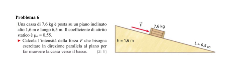 Problema 6 
Una cassa di 7,6 kg è posta su un piano inclinato vector F 7,6 kg
alto 1,6 m e lungo 6,5 m. Il coefficiente di attrito 
statico è mu _s=0,55. 
Calcola l'intensità della forza F che bisogna h=1,6m
esercitare in direzione parallela al piano per
L=6,5m
far muovere la cassa verso il basso. [21 N]