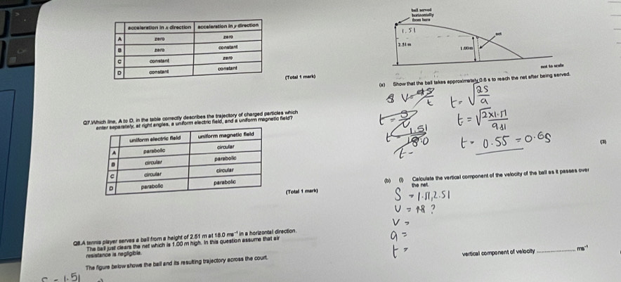 hall served
1.51
2.51 m 1.00=
not to ucate 
(Total 1 mark) 
(4) Show that the ball takes approximately_ 0.6 s to reach the net after being served. 
Q7.Which line, A to D, in the table correctly describes the trajectory of charged particles which 
iform electric field, and a uniform magnetic field 
(3) 
(b) (1) Calculate the vertical component of the velocity of the ball as it passes over 
(Total 1 mark) the net 
QB.A tennis player serves a ball from a height of 2.51 m at 18.0ms^(-1) in a horizontal direction. 
resistance is negligible. The ball just clears the net which is 1.00 m high. In this question assume that air 
The figure below shows the ball and its resulting trajectory across the court. vertical component of velocity _ ms^(-4)