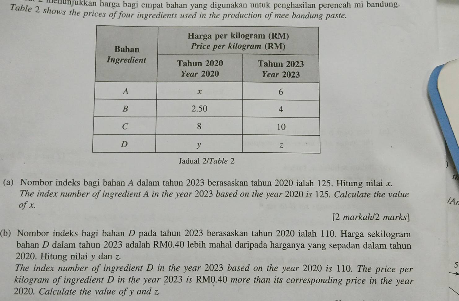 menunjukkan harga bagi empat bahan yang digunakan untuk penghasilan perencah mi bandung. 
Table 2 shows the prices of four ingredients used in the production of mee bandung paste. 
Jadual 2/Table 2 
(a) Nombor indeks bagi bahan A dalam tahun 2023 berasaskan tahun 2020 ialah 125. Hitung nilai x. 
The index number of ingredient A in the year 2023 based on the year 2020 is 125. Calculate the value 
of x. 
IAn 
[2 markah/2 marks] 
(b) Nombor indeks bagi bahan D pada tahun 2023 berasaskan tahun 2020 ialah 110. Harga sekilogram 
bahan D dalam tahun 2023 adalah RM0.40 lebih mahal daripada harganya yang sepadan dalam tahun 
2020. Hitung nilai y dan z. 
The index number of ingredient D in the year 2023 based on the year 2020 is 110. The price per
5
kilogram of ingredient D in the year 2023 is RM0.40 more than its corresponding price in the year 
2020. Calculate the value of y and z.