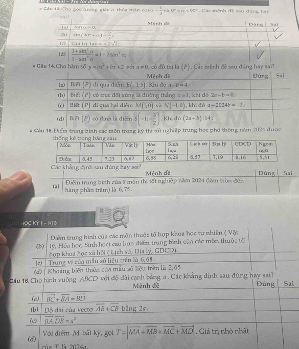 Câu hoi - Tra lời dưng/sai
Câu 13.Cho góc lượng giác o thỏa mãn cos alpha = 1/3  và 0° <90°. Các mệnh đề sau đúng hay
* Câu 14.Cho hàm số y=ax^2+bx+2 với a!= 0 , có đồ thị là (P). Các mệnh đề sau đúng hay sai?
* Câu 15.Điểm trung bình các môn trong kỳ thi tốt nghiệp trung học phố thông năm 2024 được
Các khẳng định sau đúng hay sai?
Mệnh đề Đúng Sai
Điểm trung bình của 9 môn thi tốt nghiệp năm 2024 (làm tròn đến
(a)
hàng phần trăm) là 6,75 .
HOC KY 1 - K10
Điểm trung bình của các môn thuộc tổ hợp khoa học tự nhiên ( Vật
(b) lý, Hóa học, Sinh học) cao hơn điểm trung bình của các môn thuộc tố
hợp khoa học xã hội ( Lịch sử, Địa lý, GDCD).
(c)  Trung vị của mẫu số liệu trên là 6,68 .
(d) Khoảng biến thiên của mẫu số liệu trên là 2,65 .
với độ dài cạnh bằng a . Các khẳng định sau đúng hay sai?
của T là 2024g
