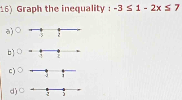 Graph the inequality : -3≤ 1-2x≤ 7
a) 
b) 
c) 
d)