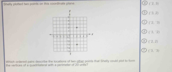 Shelly plotted two points on this coordinate plane.
a (^-2,3)
b (^-3,2)
(2,^-3)
(^-3,^-2)
(^-2,2)
(^-3,^-3)
Which ordered pairs describe the locations of two other points that Shelly could plot to form
the vertices of a quadrilateral with a perimeter of 20 units?