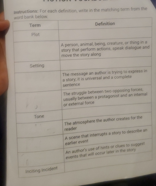 Instructions: For each definition, write in the matching term from the 
d 
l